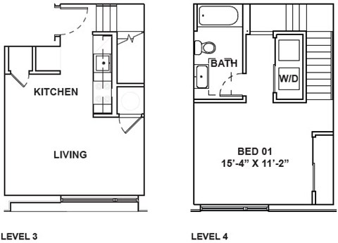 A floor plan shows a living area with a kitchen and a bedroom with a bathroom.